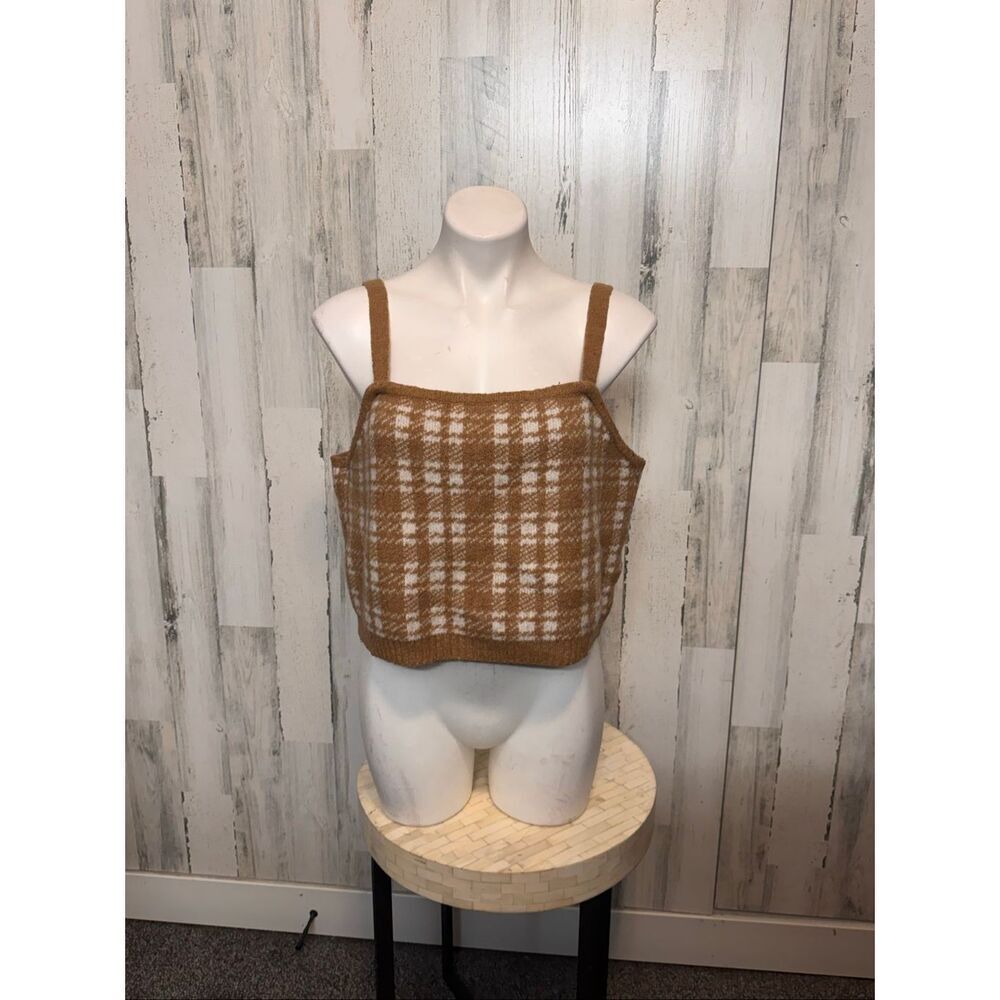 Almost Famous Plaid Knit Cami Crop Top Y2K Grunge Brown Cream Size 2X